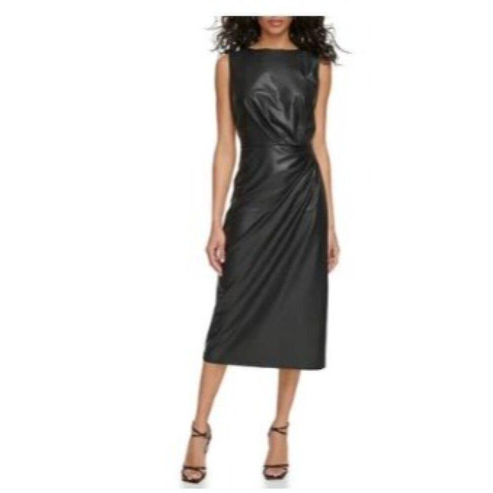 Calvin Klein Faux leather midi length ruched waist dress moto 90s Y2K black sz 8